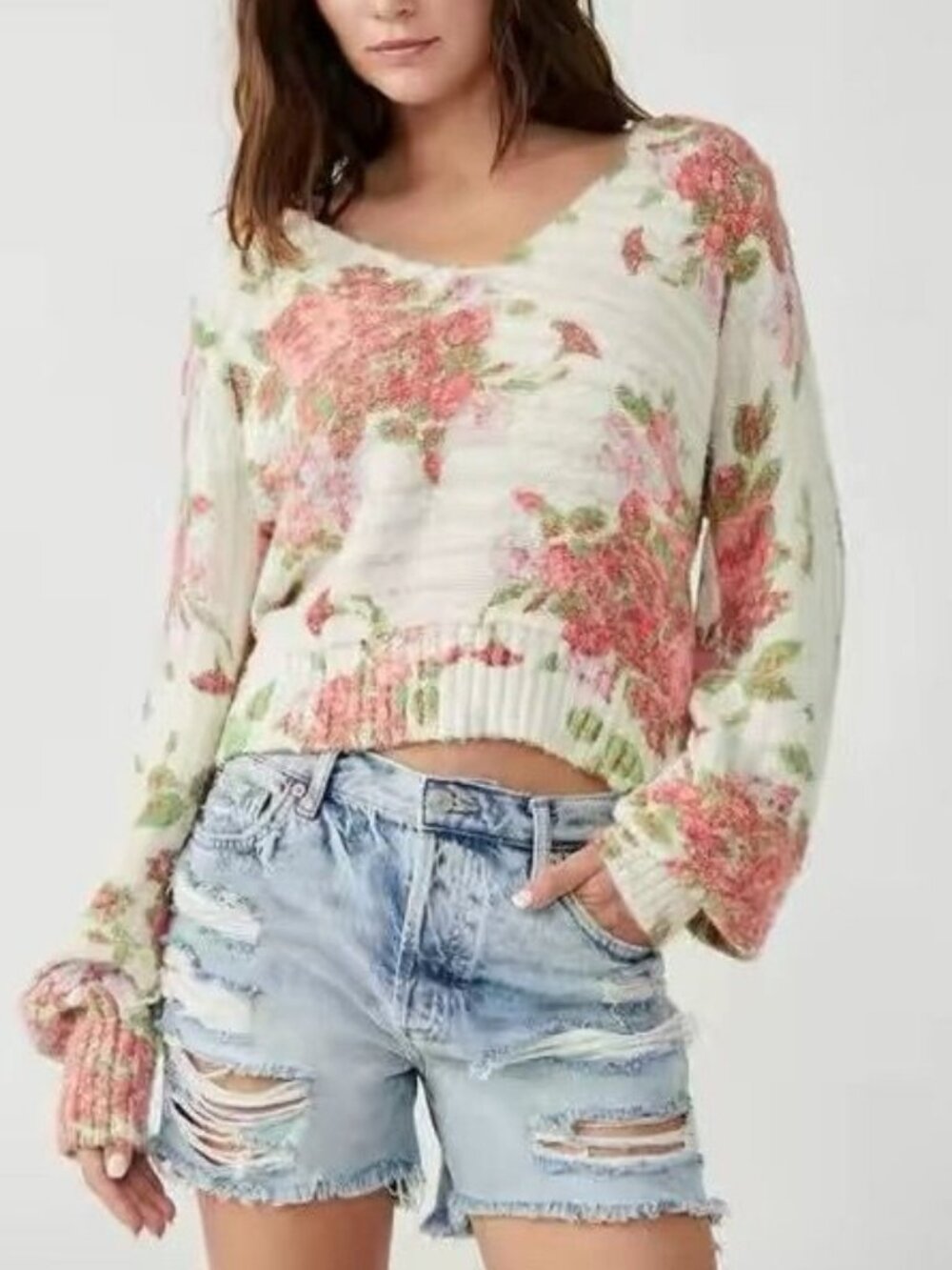 Free People Floral V-Neck Relaxed Sweater Large
